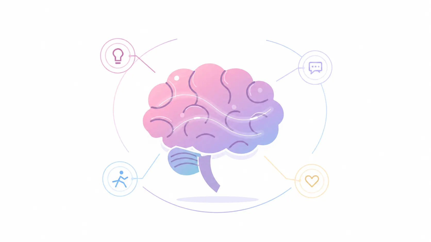 Illustration of a human brain with symbols representing cognitive function, communication, mobility and specialist brain injury care from Komplex Care