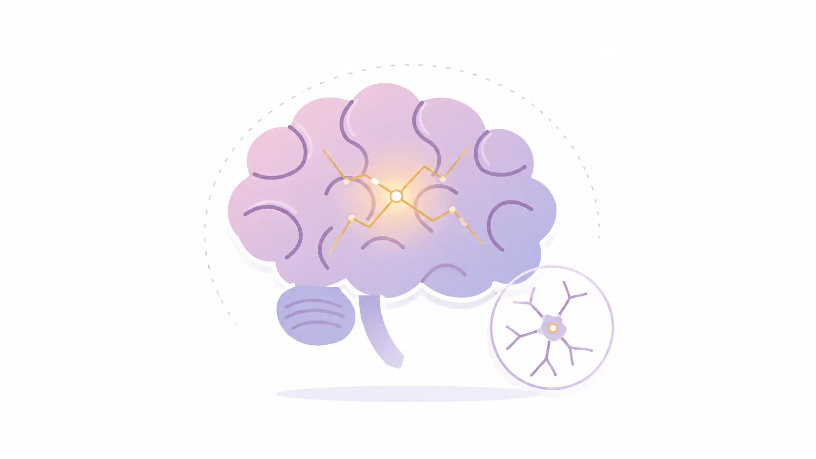 Illustration of a human brain with highlighted electrical activity and a neuron symbol, representing epilepsy and specialist epilepsy care from Komplex Care.