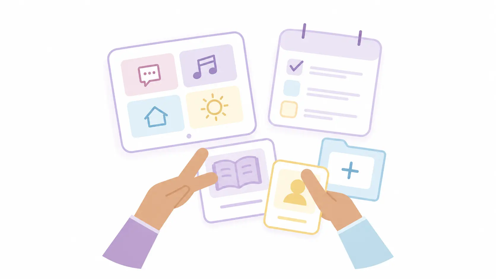 Illustration of communication tools, daily activities and personalised care planning for individuals with learning disabilities supported by Komplex Care.